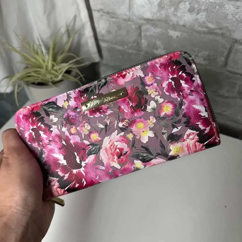 Betsey Johnson Pink Floral Zip Around Wallet Women’s Gold Tone NWOT